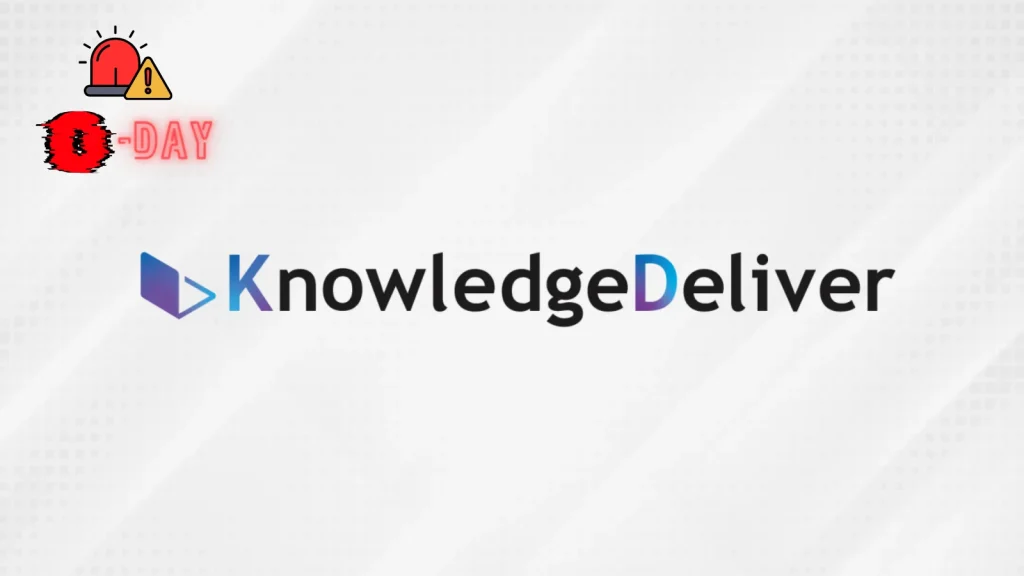 The word KnowledgeDeliver is centered on a white background. In the top left corner, there is a red alert symbol and the word D-DAY in red block letters with a glitch effect.