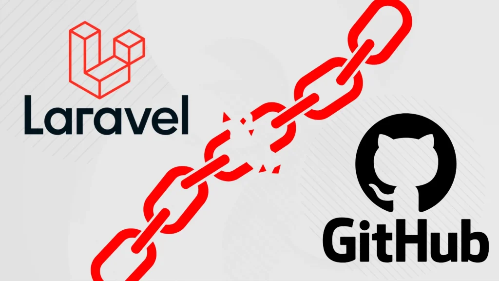 Laravel-Lang-Packages-Compromised-1024×576 Laravel and GitHub logos are shown connected by a broken red chain, symbolizing a disruption or disconnection.