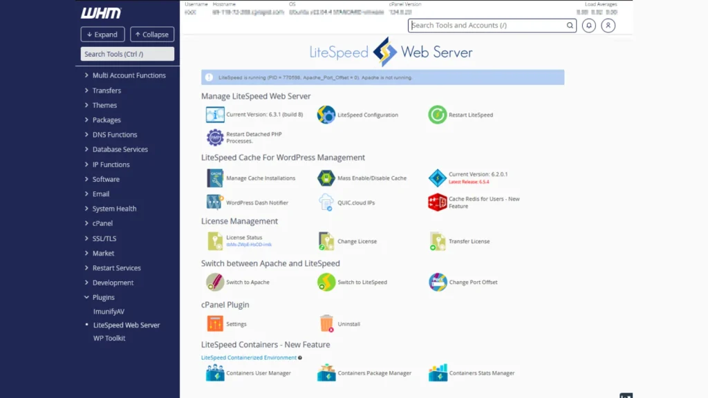 WHM LiteSpeed Web Server dashboard showing server management, cache control, license management, and containerization features.