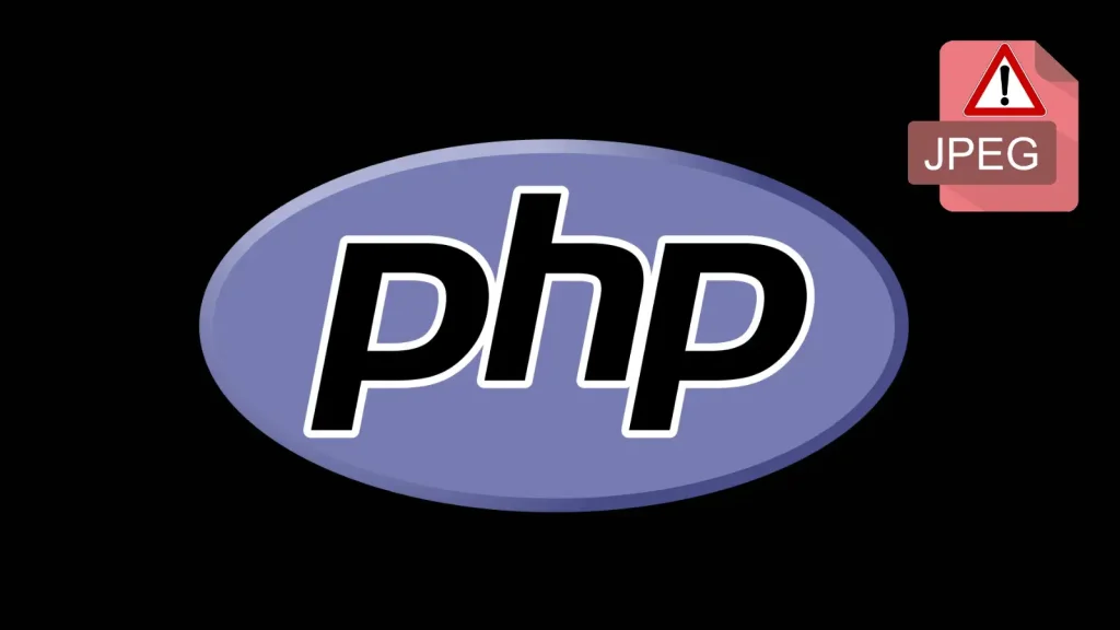 The PHP logo in white and black letters on a purple oval, set against a black background. A JPEG file icon with a warning symbol appears in the top right corner.