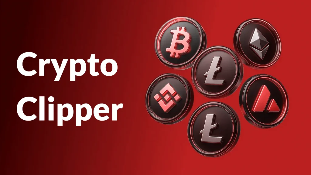Malware-Campaign-Uses-JavaScript-PowerShell-and-Shellcode-to-Deliver-Crypto-Clipper-1024×576 Crypto Clipper text beside six black and red cryptocurrency icons, including Bitcoin, Ethereum, Litecoin, Binance Coin, and Avalanche, on a red gradient background.