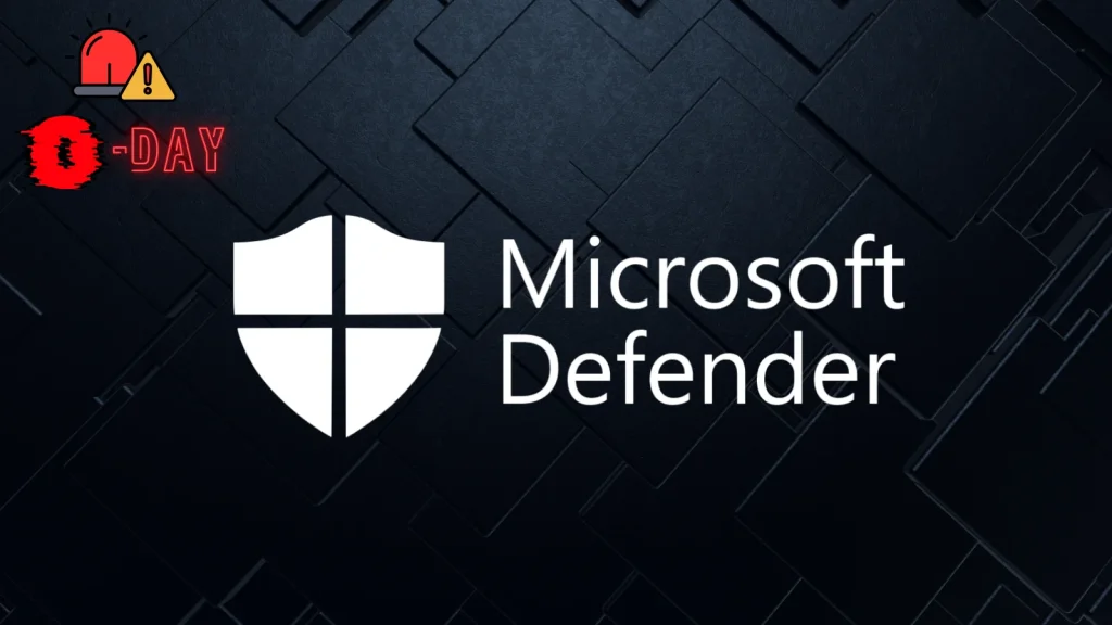 Microsoft Defender logo with a white shield icon and text on a dark geometric background. Top left corner shows a red alert icon, a warning sign, and the text 0-DAY with a bug symbol, indicating a cybersecurity threat.
