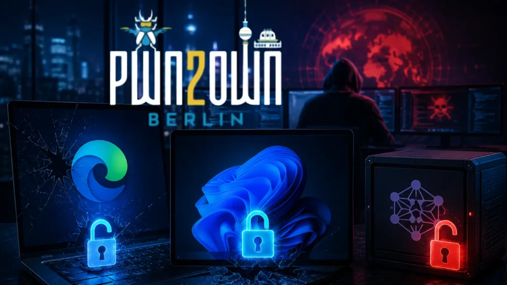 A person in a dark room faces multiple computer screens. In front are a laptop with the Microsoft Edge logo, another with the Windows logo, and a device, all showing unlocked padlocks. Pwn2Own Berlin is displayed above.