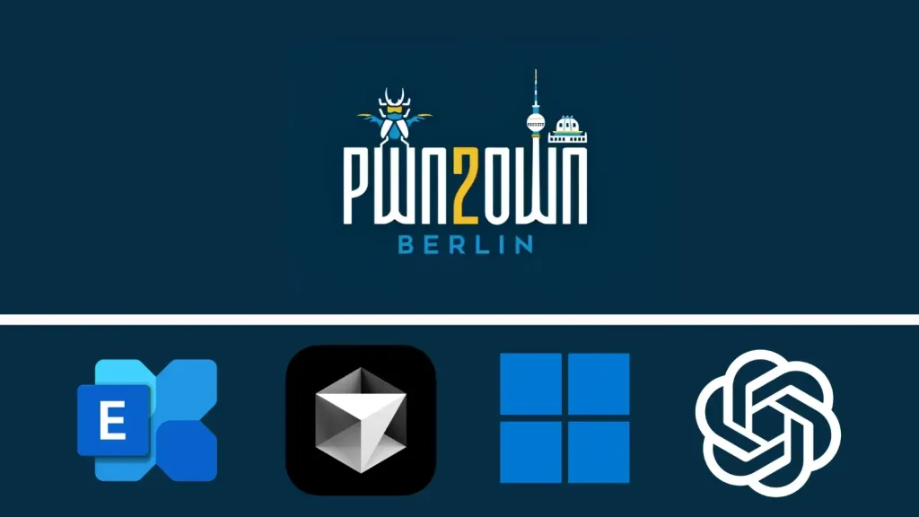 Pwn2Own Berlin logo centered on a dark background, with icons for Microsoft Exchange, a security tool, Microsoft Windows, and OpenAI ChatGPT displayed below it.