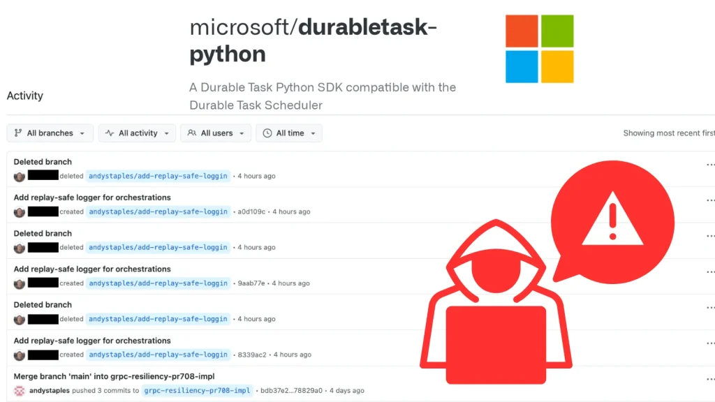 Screenshot of a GitHub repository for microsoft/durabletask-python showing recent commits, with large red icons of a hooded figure at a laptop and a warning symbol overlayed on the right side.