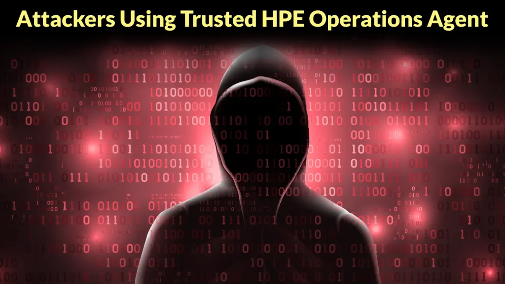 Microsoft-Warns-of-Attackers-Using-Trusted-HPE-Operations-Agent-for-Malware-Free-Intrusions-1024×576 A shadowy hooded figure stands against a background of red digital binary code, with the text Attackers Using Trusted HPE Operations Agent at the top.