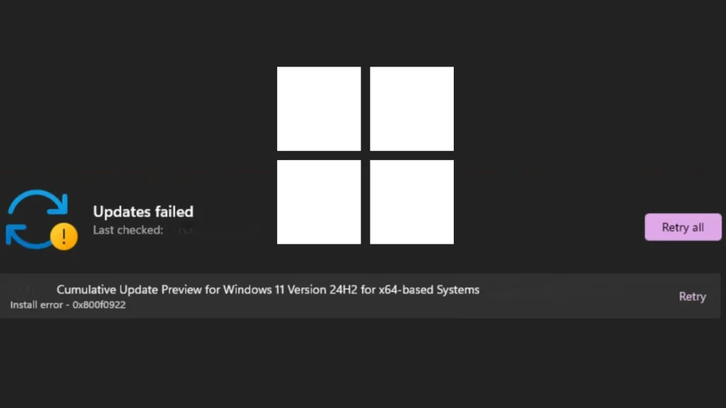 A Windows 11 update screen shows Updates failed with an error message: Install error - 0x800f0922 for Cumulative Update Preview, and buttons labeled Retry and Retry all are visible.