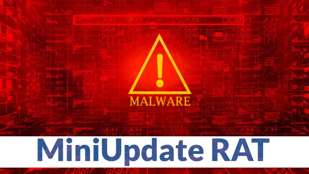 A warning symbol with an exclamation point and the word MALWARE is displayed on a red, digital background. Text at the bottom reads MiniUpdate RAT.