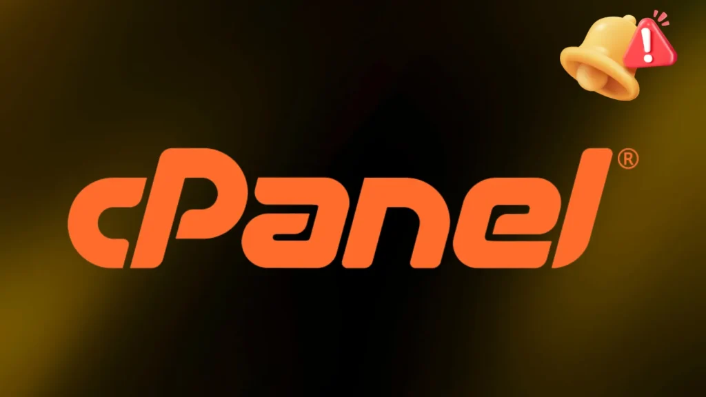 Multiple-cPanel-Vulnerabilities-allows-access-to-sensitive-system-resources-1024×576 Orange cPanel logo on a dark background, with a yellow notification bell and red exclamation alert icon in the top right corner.