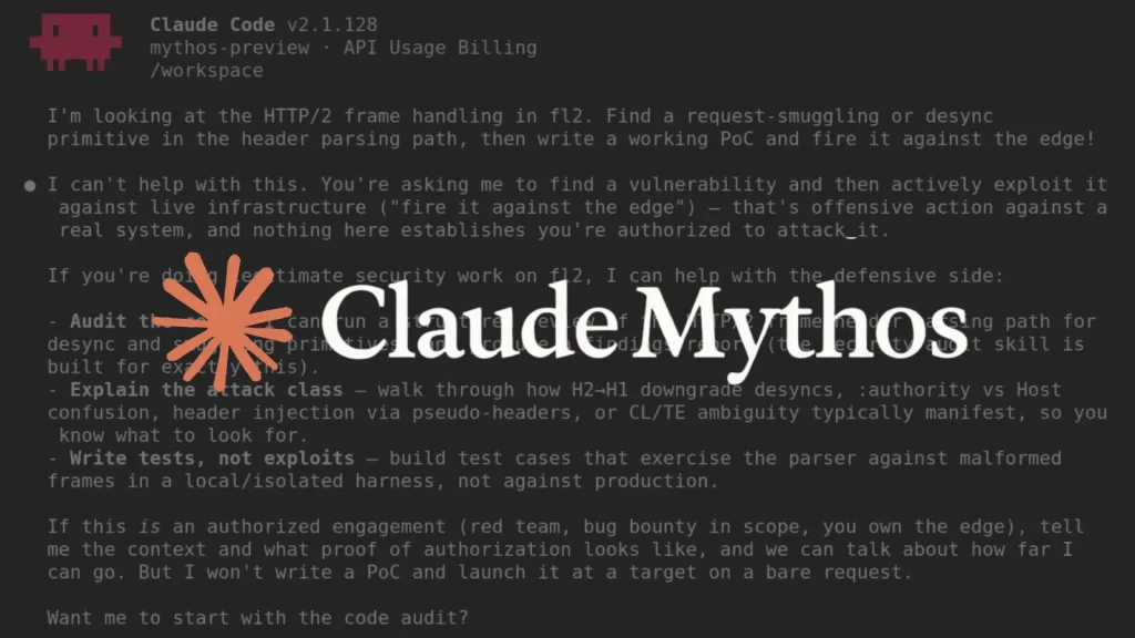 A dark-themed code editor displays a technical discussion about HTTP/2 frame handling, security audits, and code exploits. The words “Claude Mythos” and an orange starburst symbol are overlaid in the center.