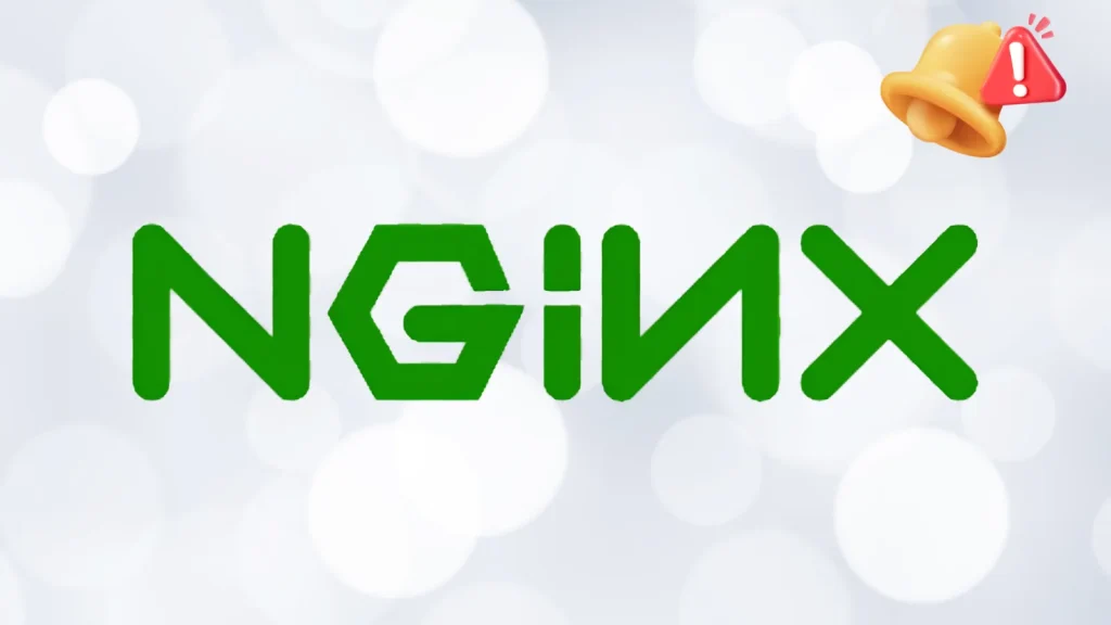 Green NGINX logo on a light, blurry background, with a yellow notification bell and red exclamation alert icon in the top right corner.