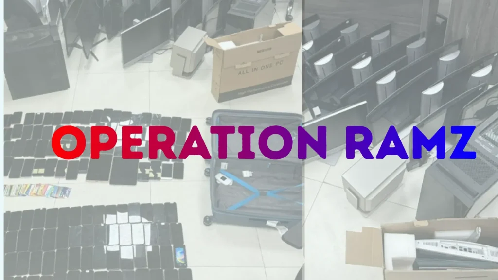 A room with many electronic devices including monitors, phones, tablets, and boxes on the floor. Text over the image reads OPERATION RAMZ in bold, colorful letters.