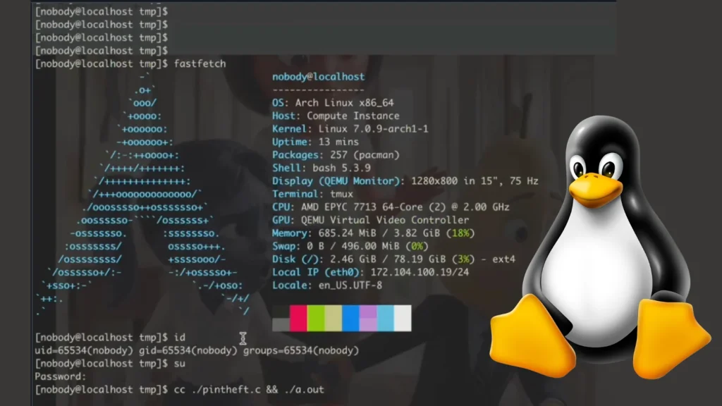 PinTheft-Linux-Vulnerability-1024×576 A terminal window displays Linux system information and resource usage. The Tux penguin, Linuxs mascot, is in the lower-right corner, partially overlaying the terminal output.