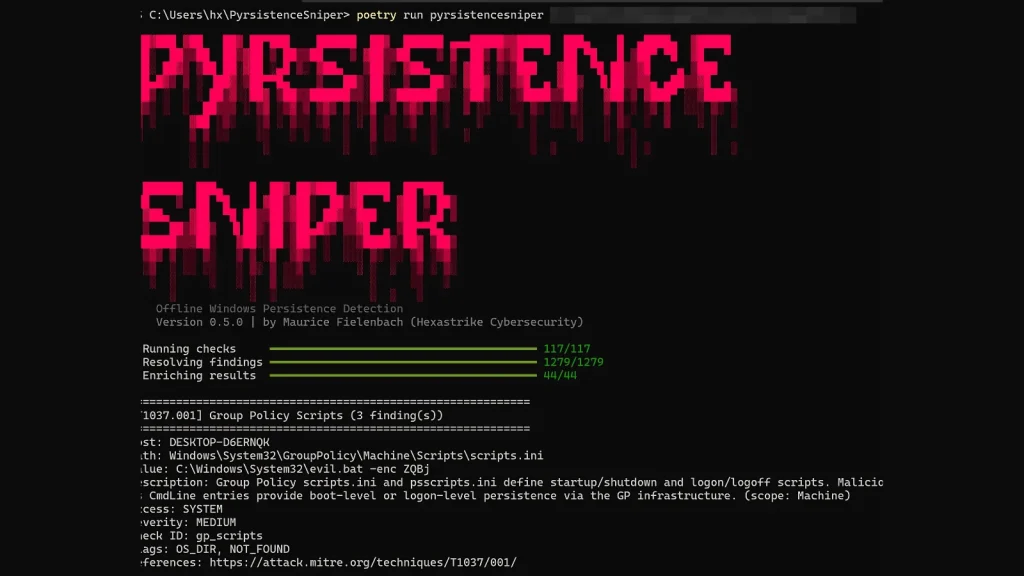 PyrsistenceSniper-Detects-117-Persistence-Techniques-1024×576 Pyristence Sniper command-line tool output, identifying malicious Group Policy scripts for Windows persistence.
