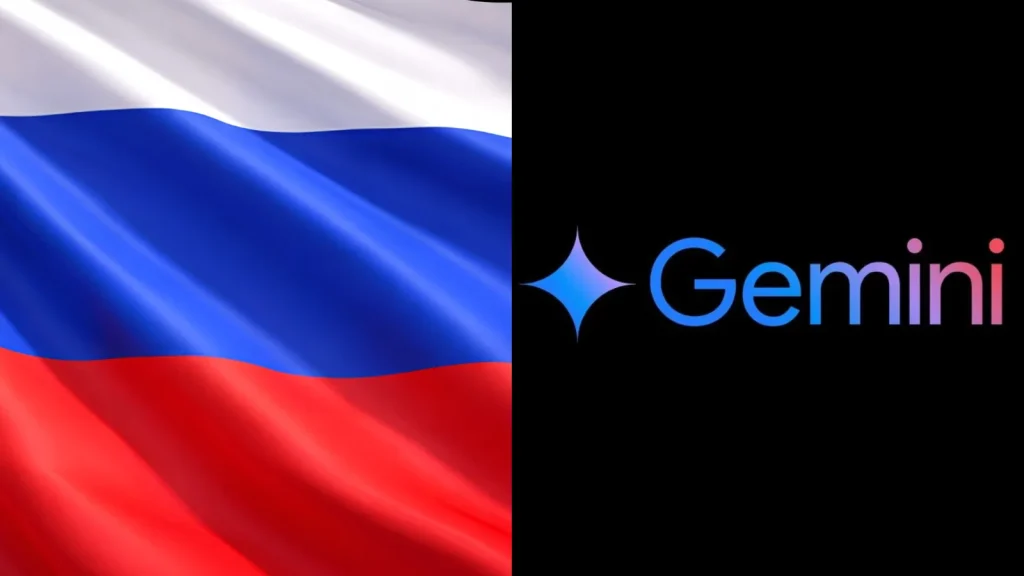 The image is split in half: on the left is the Russian flag with white, blue, and red horizontal stripes; on the right is the Gemini logo on a black background.