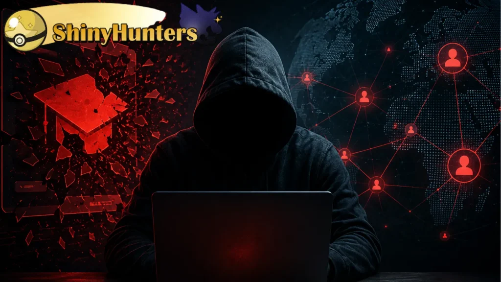 A hooded figure sits at a laptop in a dark setting. Red digital graphics, including a broken graduation cap and network connections, appear in the background. The ShinyHunters logo is in the top left corner.