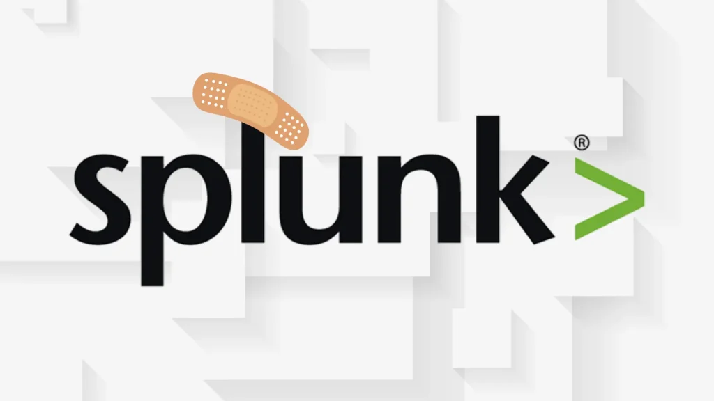 The Splunk logo with two adhesive bandages in a cross pattern placed over the letter u on a white geometric background.