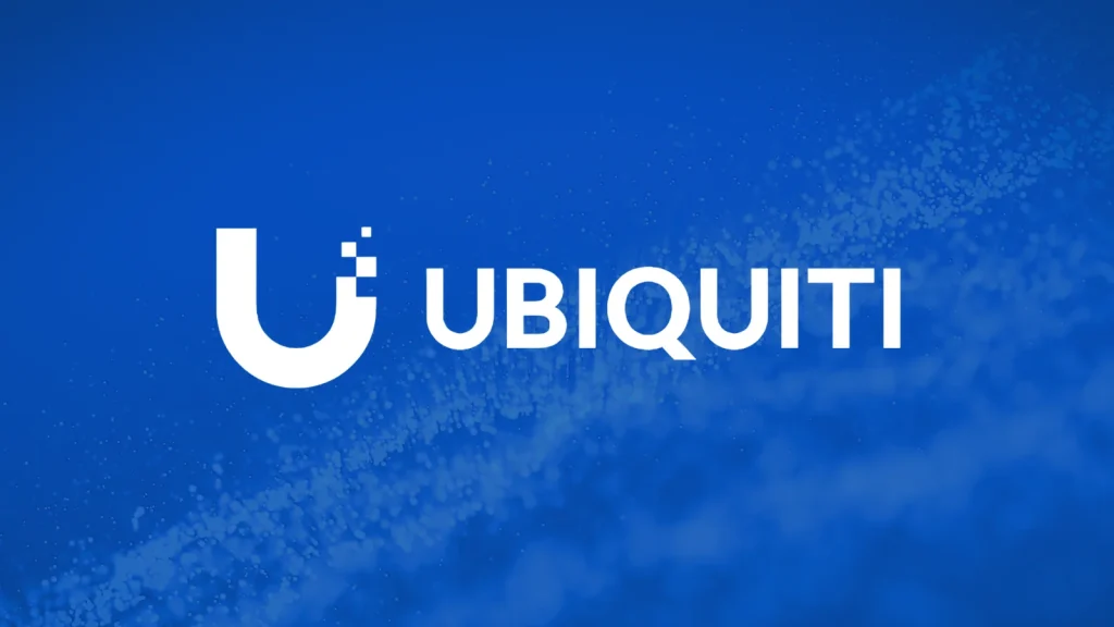 Ubiquiti logo on a blue gradient background with scattered white speckles.