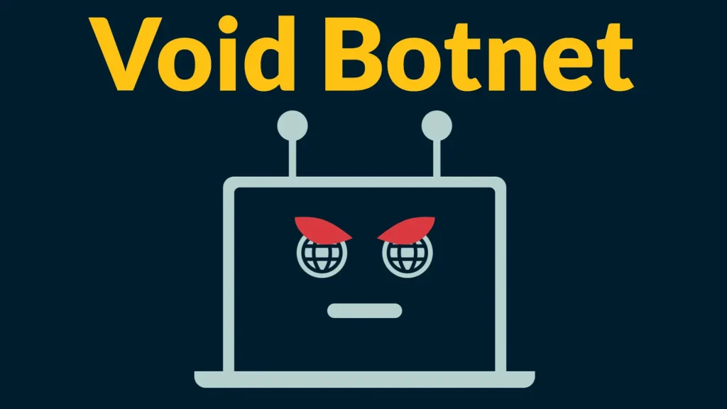 Illustration of a robot face on a computer screen with angry red eyes and antennae, under large yellow text that reads Void Botnet on a dark background.