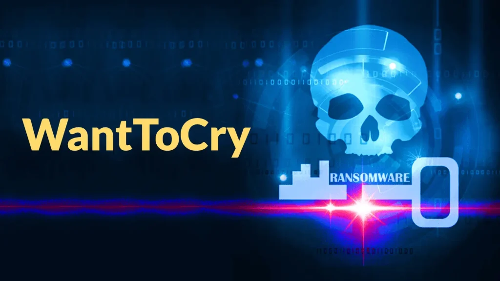 The image shows the text WantToCry next to a digital blue skull, binary code, and the word RANSOMWARE with a glowing red light, symbolizing a cybersecurity threat.
