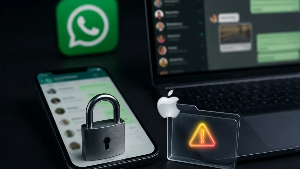 A padlock on a smartphone displaying WhatsApp messages, with a laptop showing chats and an Apple logo and warning symbol in the foreground.