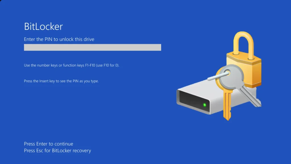 BitLocker unlock screen with a PIN entry field, instructions on entering the PIN, and an illustration of a padlock, keys, and a hard drive on a blue background. Options for continuing or BitLocker recovery are shown.