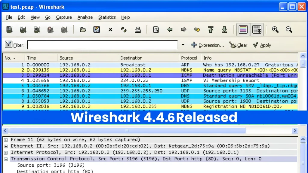 Screenshot of Wireshark 4.4.6 Released, showing network packet capture details with source and destination IP addresses, protocols, and info.