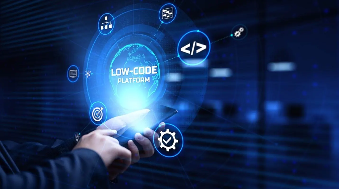cybersecurity for lo cade n no code A person uses a smartphone to interact with a glowing blue holographic interface displaying a low-code platform, with icons representing various development features.