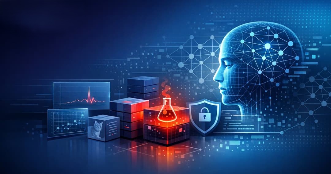 A digital illustration features a human head silhouette with neural network patterns, data blocks, a shield with a lock, charts, a beaker, and glowing blue and red elements, symbolizing artificial intelligence and data science.