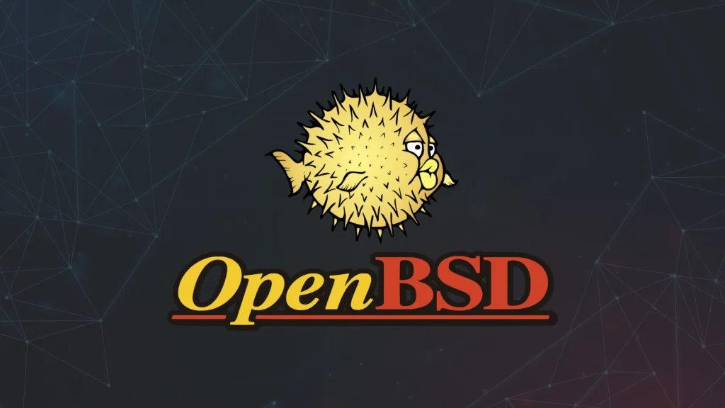 Logo for OpenBSD featuring a yellow pufferfish cartoon above the text OpenBSD on a dark background with a subtle network of blue lines and dots.