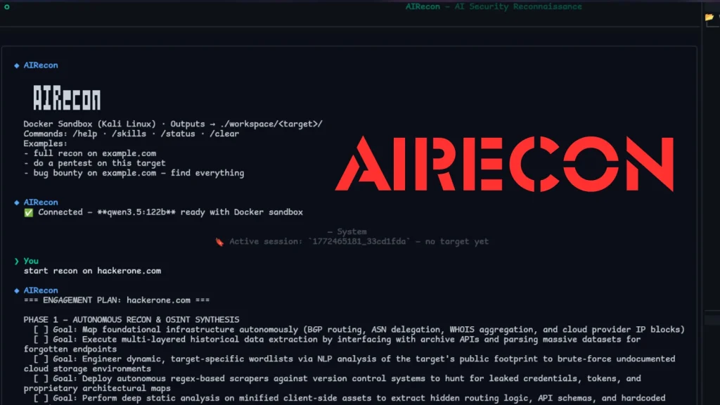A dark-themed terminal window displays the AIRecon tool. The bold red AIRECON logo is shown. Terminal text shows initialization and commands, with details about Docker sandbox setup and an engagement plan for reconnaissance activities.