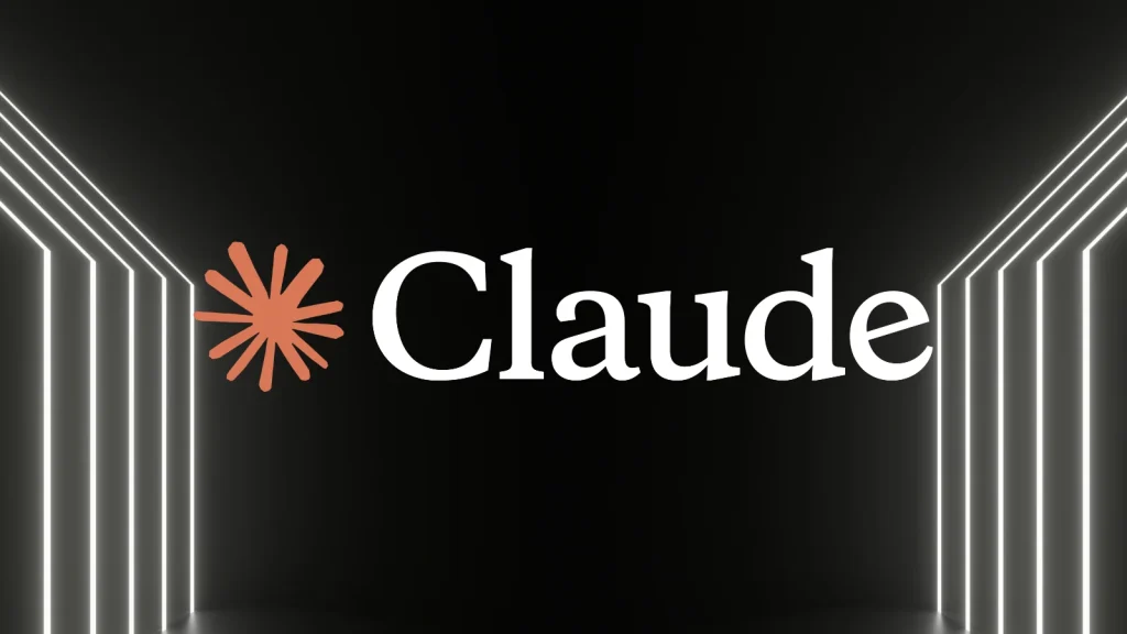 A glowing corridor with white light strips on the sides and the word Claude in white text with an orange asterisk-like logo on a dark background.