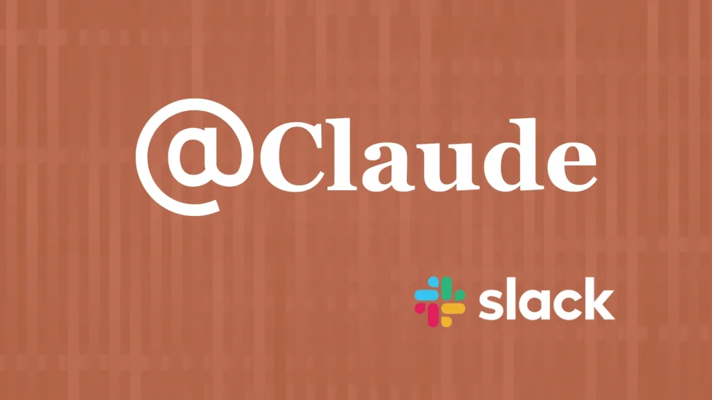 The image shows the text @Claude in large white letters on a brown patterned background, with the Slack logo and the word slack in white in the lower right corner.