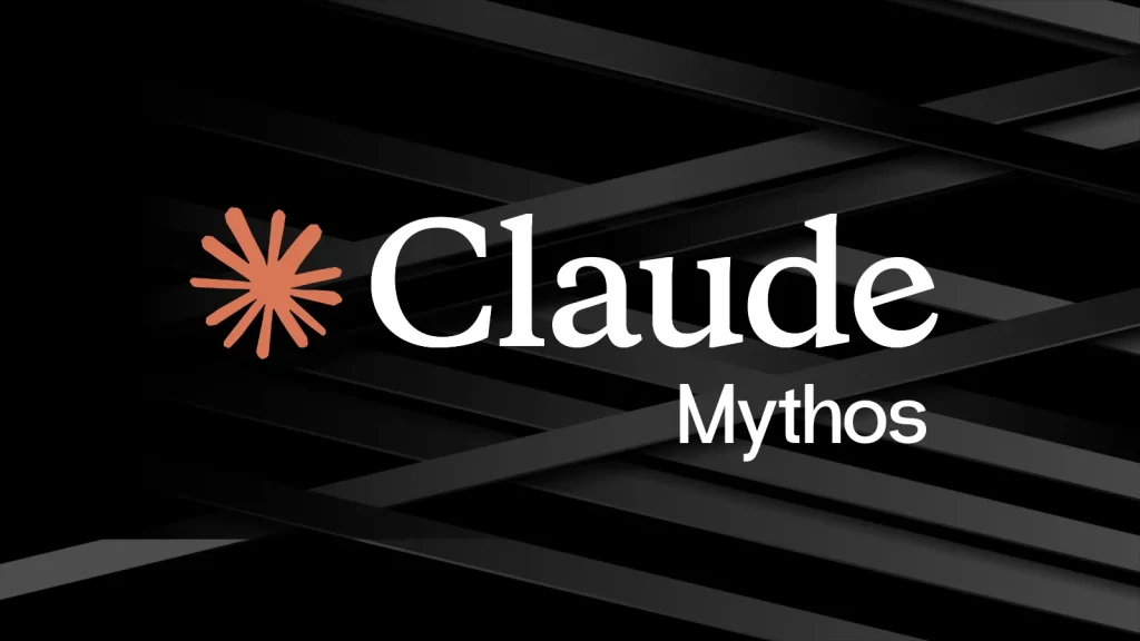 Anthropics-Mythos-AI-Model-1024×576 The image features the text Claude Mythos with an orange starburst logo on a black background with diagonal black lines.