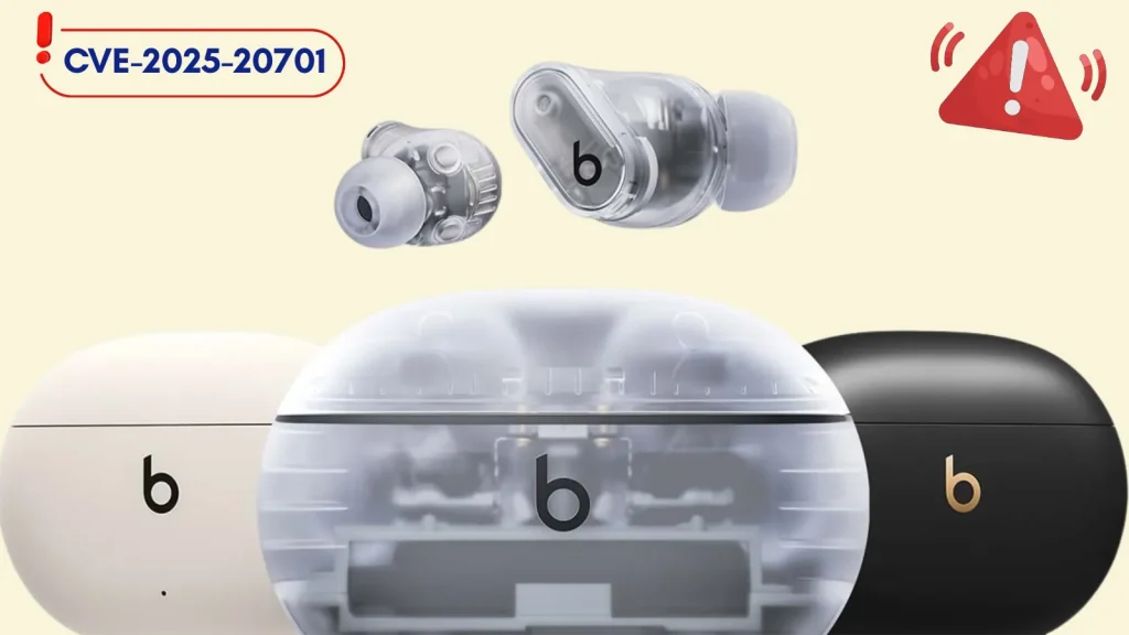 Apple-Beats-Studio-Buds-high-severity-vulnerability-Allow-hackers-to-eavesdrop-on-users-1024×576 Image showing Beats wireless earbuds and charging cases in different colors, with a CVE-2025-20701 security alert and red warning symbol indicating a vulnerability.