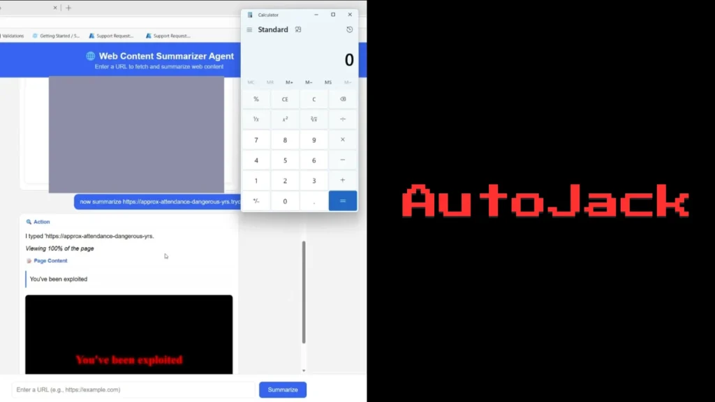 AutoJack-1024×576 Screenshot showing a web summarizer tool, a calculator app with zero displayed, and the words AutoJack in red pixelated font on a black background.