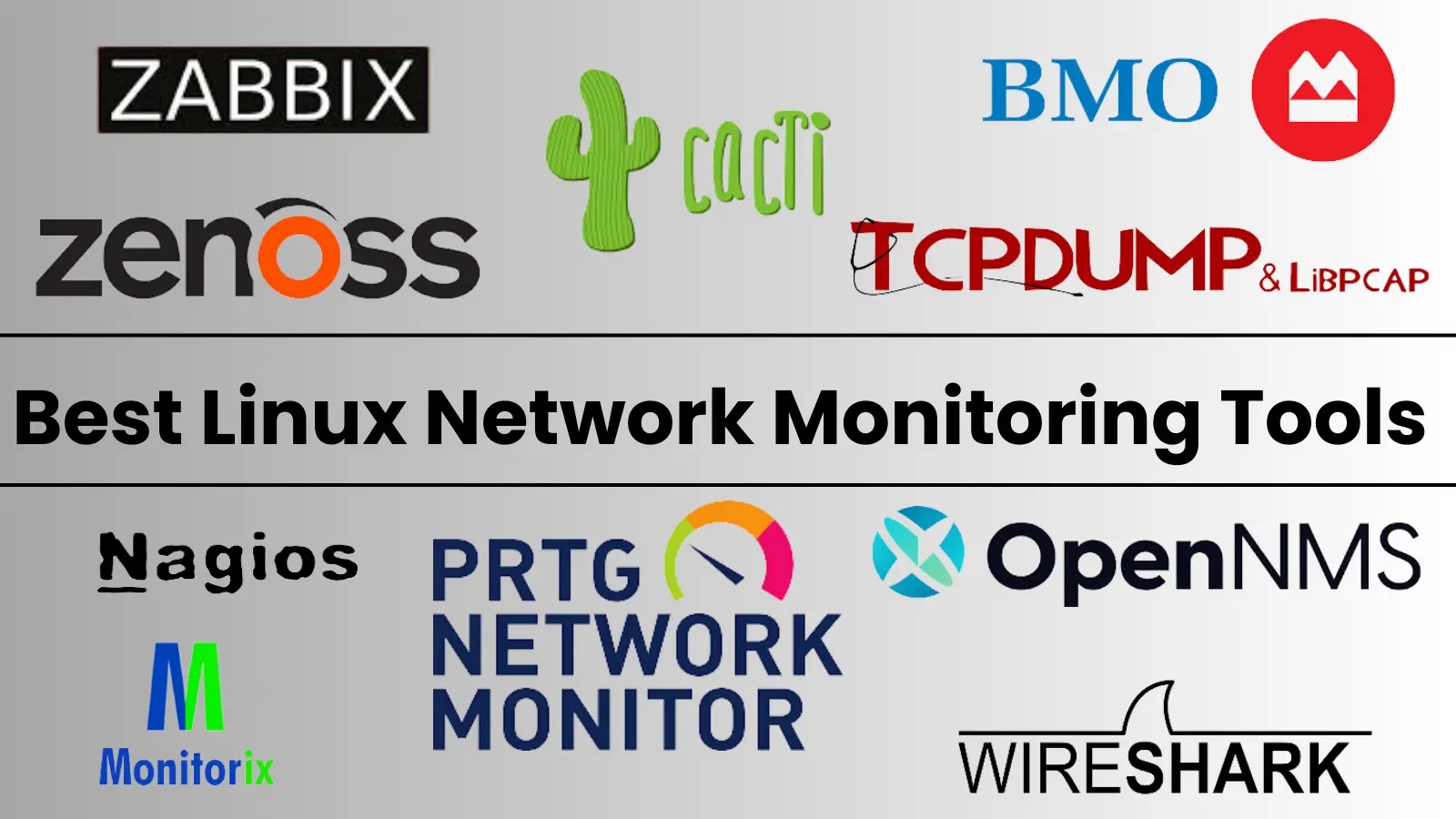 Best Linux Network Monitoring Tools A collage with logos and names of various Linux network monitoring tools, including Zabbix, Cacti, Zenoss, TCPDUMP, BMO, Nagios, PRTG Network Monitor, OpenNMS, Monitorix, and Wireshark.
