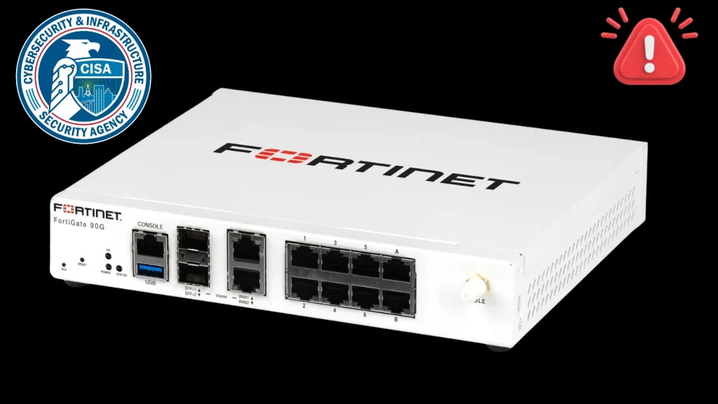CISA-Urges-Hardening-Fortinet-Devices-Following-FortiBleed-Attack-1024×576 A Fortinet FortiGate 90G security appliance is shown with CISA’s logo on the left and a red warning symbol on the right, all set against a black background.