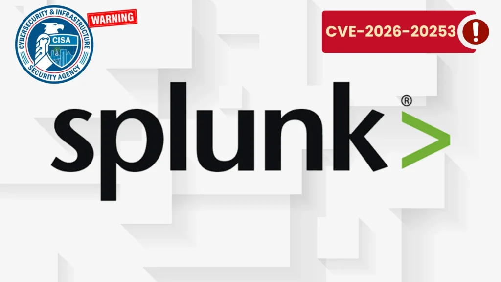 Splunk logo at center, with CISA badge and a red WARNING label in the top left. A red banner in the top right reads CVE-2026-20253 with an exclamation mark, indicating a security vulnerability warning.