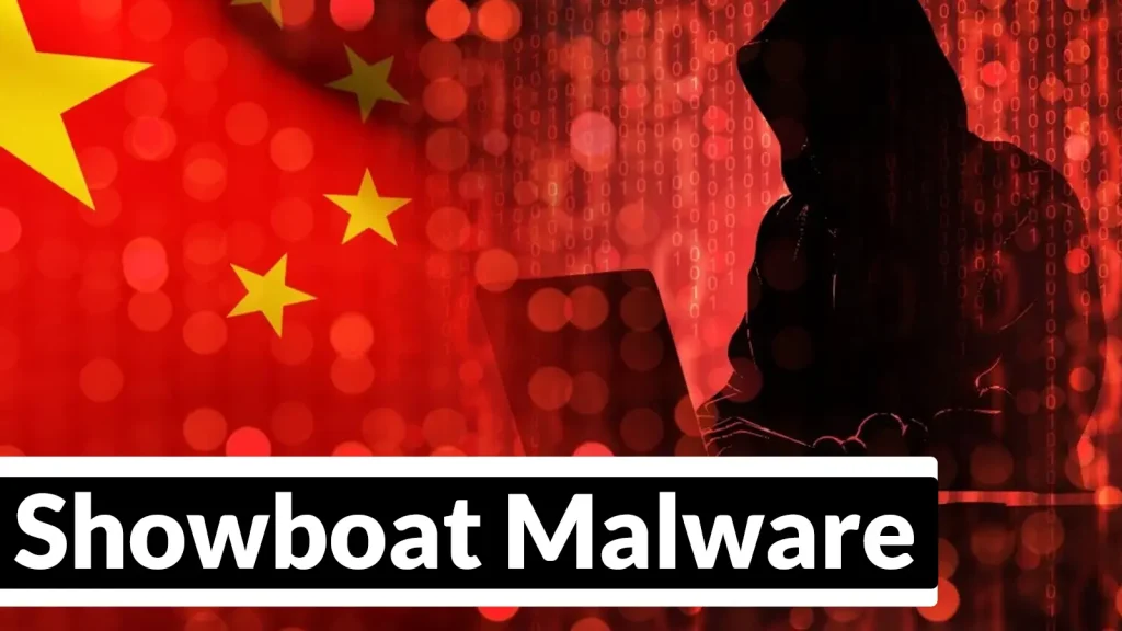 China-Linked-Showboat-Malware-Uses-Linux-Persistence-to-Target-Telecom-Companies-1024×576 A hooded figure using a laptop is overlaid with red binary code and the Chinese flag. The text Showboat Malware is prominently displayed at the bottom of the image.