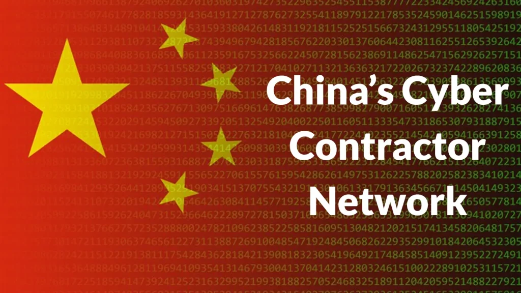 Chinese-Cyber-Contractors-Use-Malware-Botnets-and-Stolen-Data-to-Enable-State-Operations-1024×576 An image of the Chinese flag overlaid with green numbers in the background and the text Chinas Cyber Contractor Network in white letters on the right.