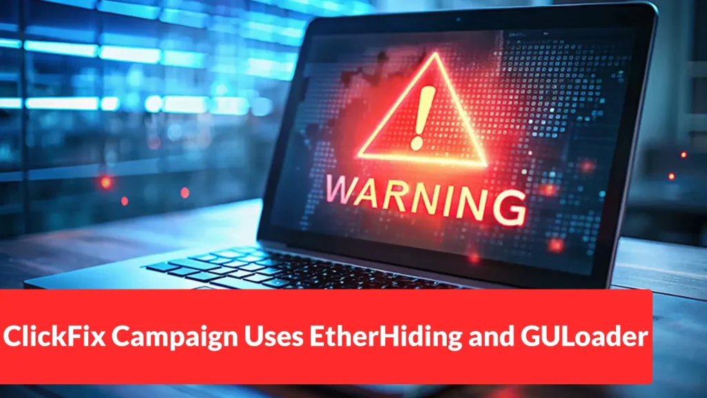 A laptop screen displays a large red warning symbol with an exclamation mark. A headline at the bottom reads, ClickFix Campaign Uses EtherHiding and GULoader. The background is a modern, blue-toned office.