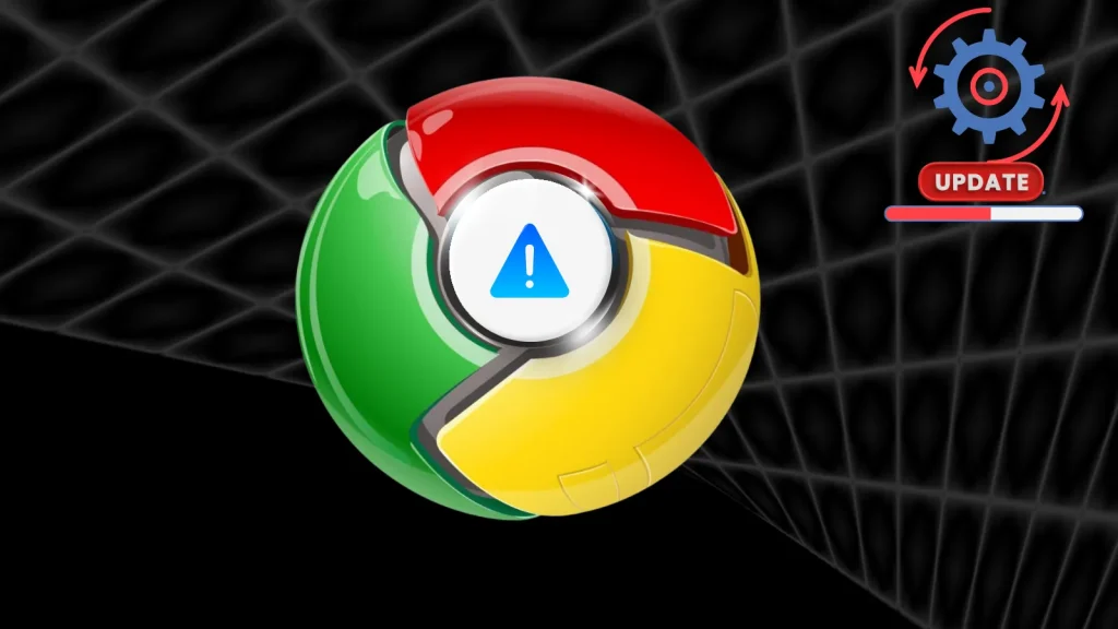 The image shows a 3D Google Chrome logo with an exclamation mark warning symbol in the center. In the top right corner, there is a gear icon with an “UPDATE” label beneath it. The background is black with intersecting lines.
