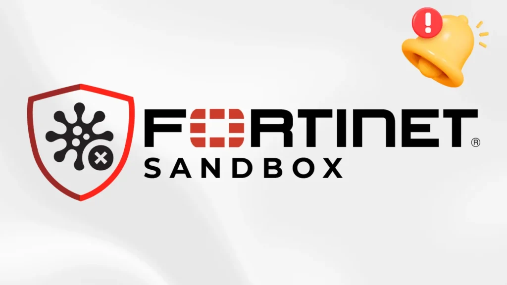 Critical-Fortinet-FortiSandbox-Vulnerabilities-Actively-Exploited-in-Attacks-1024×576 The Fortinet Sandbox logo is shown with a shield icon and stylized text. In the top right corner, there is a yellow notification bell with a red alert symbol.