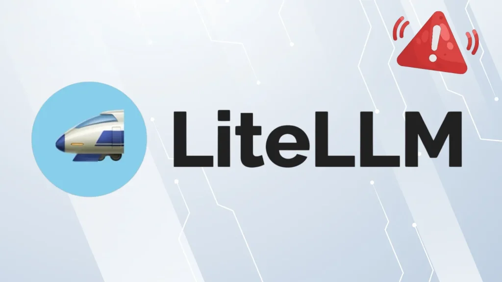 Logo with a train emoji inside a blue circle next to the text LiteLLM in bold black letters; a red warning icon with an exclamation mark appears in the top right corner.