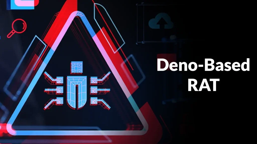 A digital warning triangle with a stylized spider icon in the center, symbolizing malware, appears next to the text Deno-Based RAT on a black background.