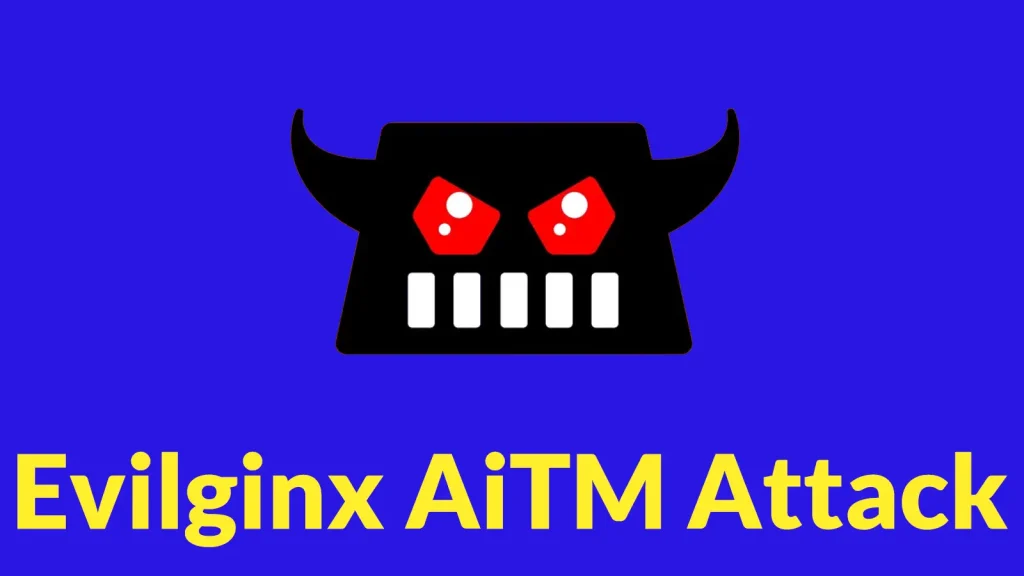Evilginx-AiTM-Attack-Captures-Microsoft-Credentials-MFA-Tokens-and-Authenticated-Sessions-1024×576 A black, cartoonish monster head with red eyes and white square teeth is centered on a blue background. Yellow text at the bottom reads Evilginx AiTM Attack.