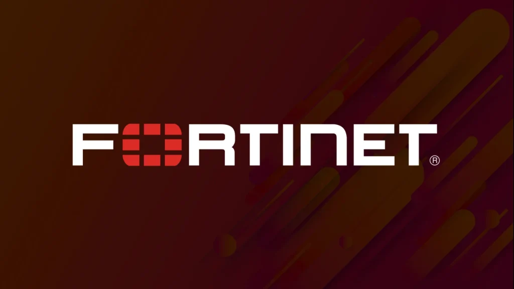 Fortinet logo with FORTINET written in white capital letters, featuring a red square design within the O, set against a dark red background with abstract geometric shapes.