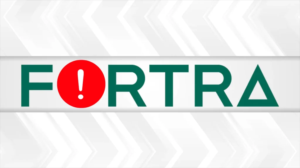 The word “FORTRA” in green capital letters, with the letter “O” replaced by a red circle containing a white exclamation mark. The background has a pattern of light gray arrows pointing right.